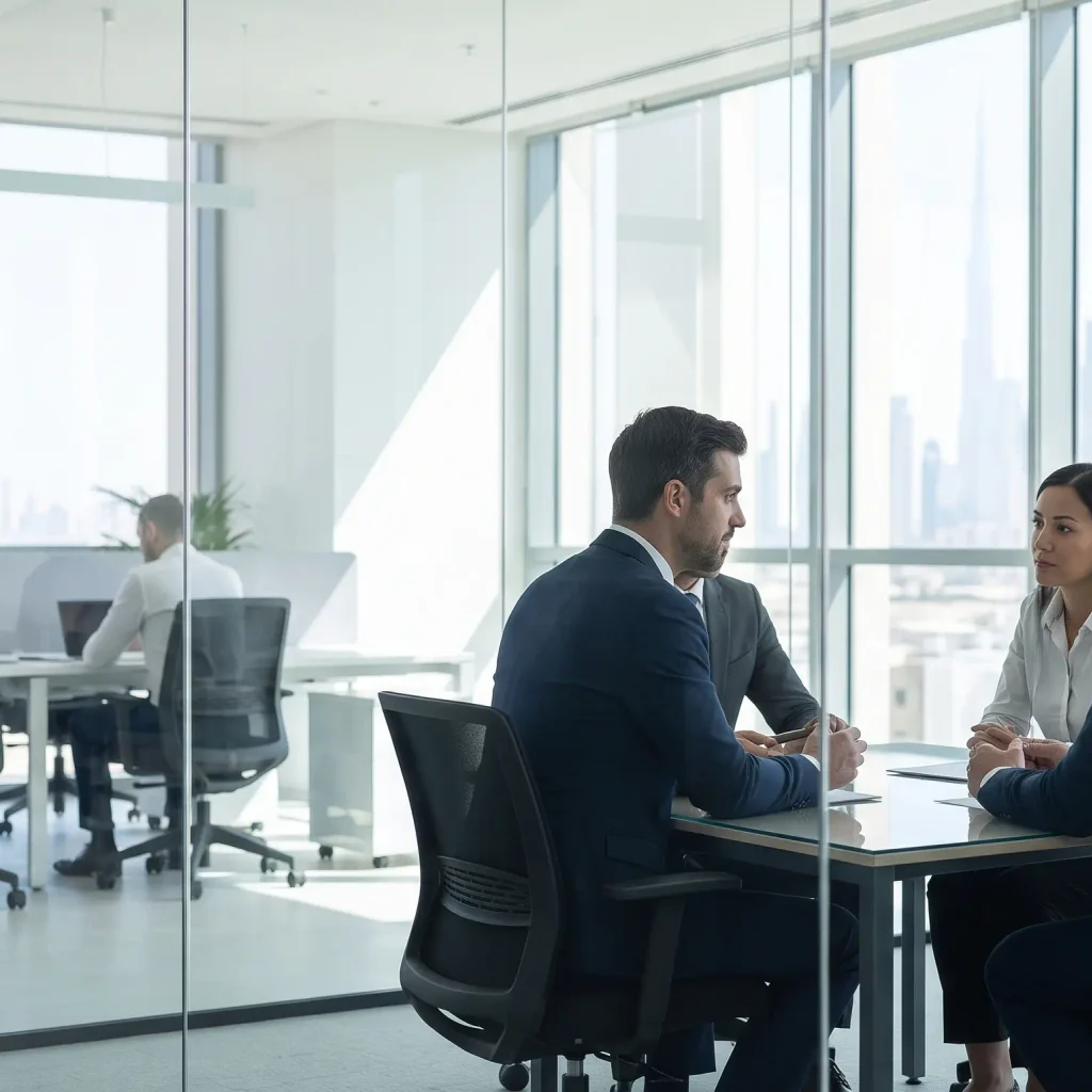 Three professionals holding a confidential meeting inside a soundproof acoustic glass partition room in a bustling Dubai corporate workspace.