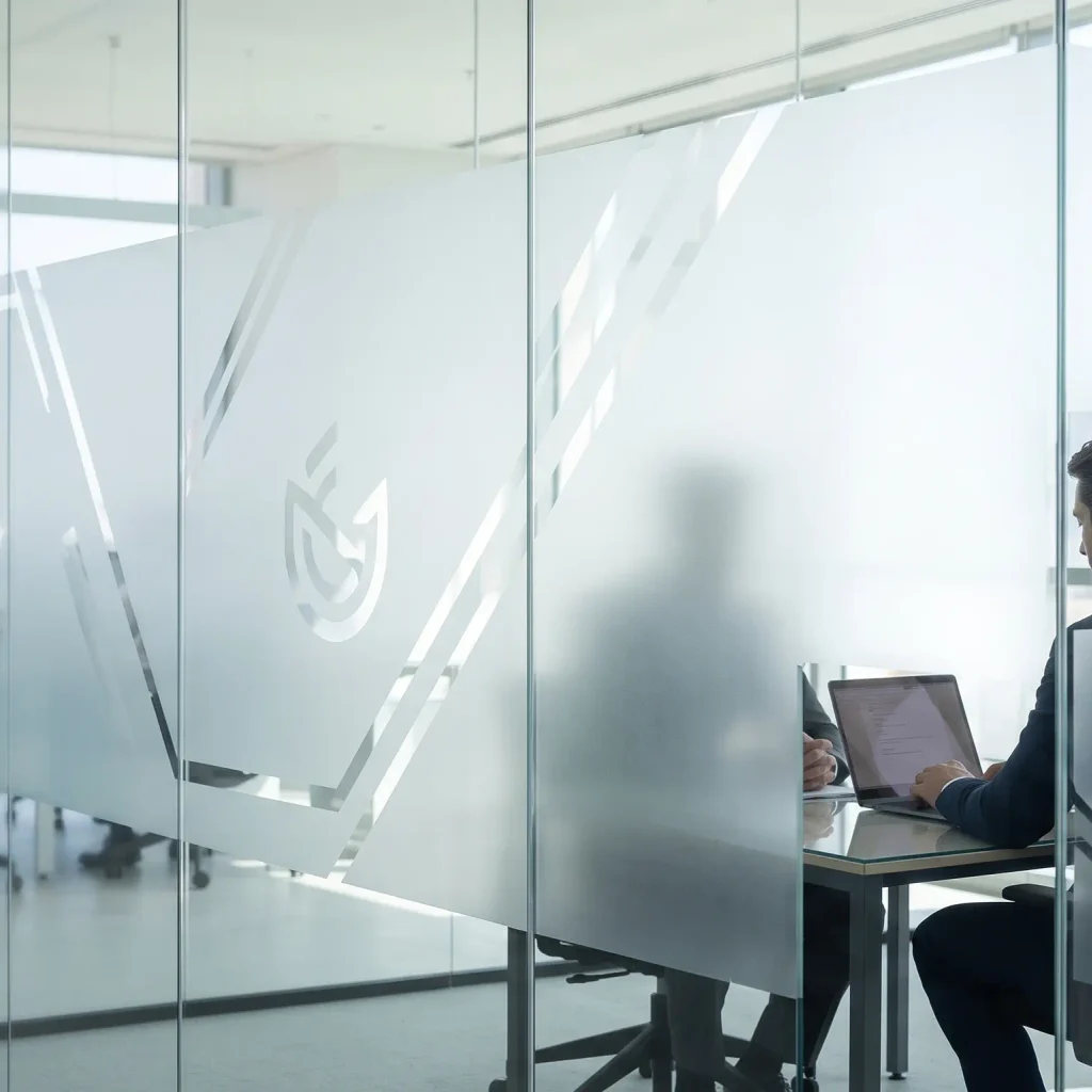 A frosted glass office partition in Dubai featuring a custom geometric pattern of 5 straight lines above and 5 below the Majlis Hikma logo, providing privacy for a working employee.