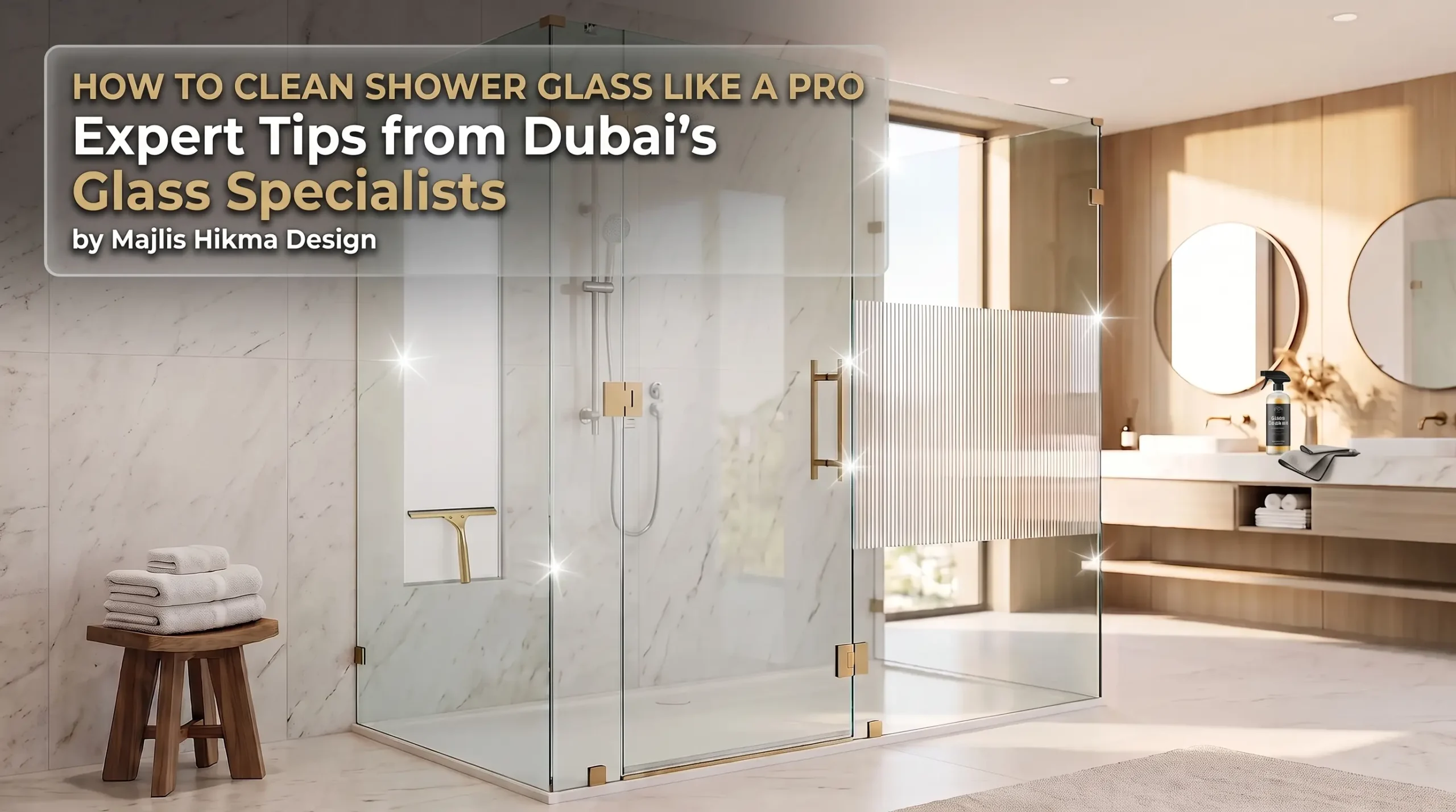 A luxurious modern bathroom featuring a sparkling clean custom shower glass partition with gold hardware, illustrating expert cleaning tips from Dubai glass specialists Majlis Hikma.