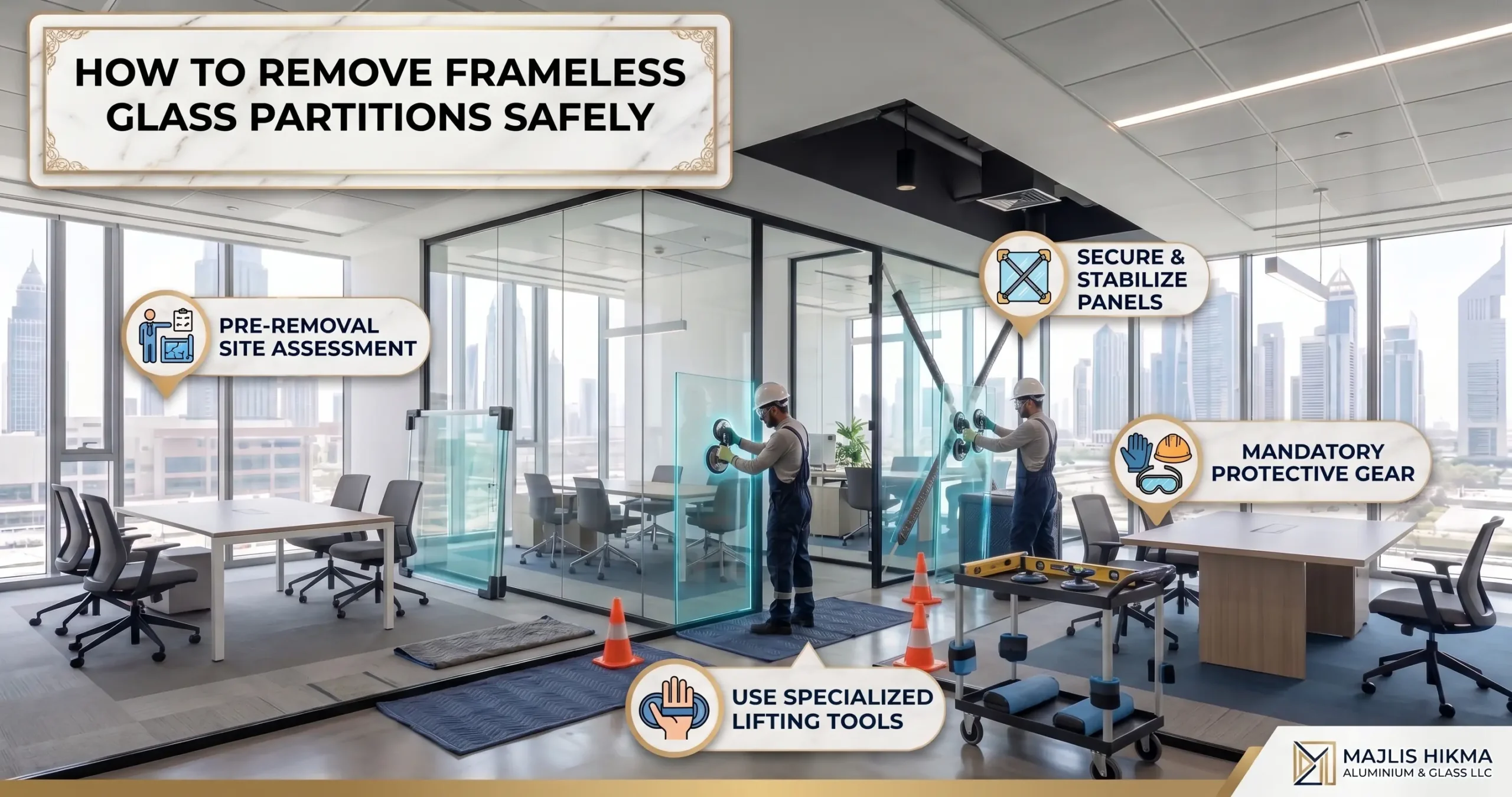 Professional workers wearing safety gear and using heavy duty suction tools to safely remove a frameless glass partition in a Dubai office
