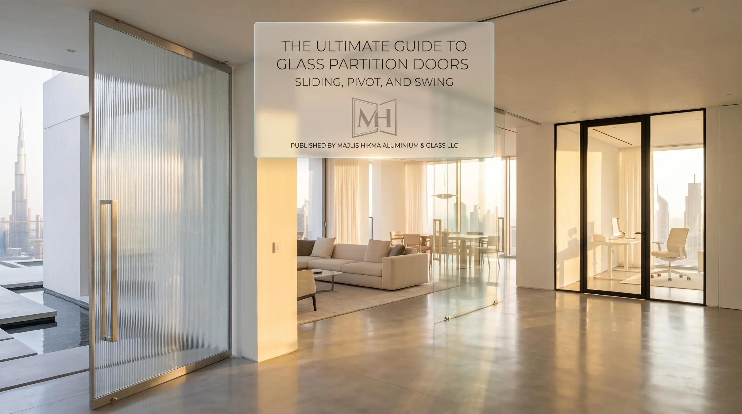A high-impact feature photograph for a blog guide, based on a luxurious sun-drenched Dubai penthouse at sunrise. The monumental fluted glass pivot door is open on the left, frameless sliding glass is in the center-back, and a framed hinged glass door is to the home office on the right. An elegant frosted glass overlay in the upper-center frame is integrated, with etched, minimalist typography reading: 'THE ULTIMATE GUIDE TO GLASS PARTITION DOORS' (larger), followed by 'SLIDING, PIVOT, AND SWING' (smaller), and 'PUBLISHED BY MAJLIS HIKMA ALUMINIUM & GLASS LLC' below, all illuminated by the warm golden light. The overall perspective emphasizes expansive luxury, clarity, and spatial flow.