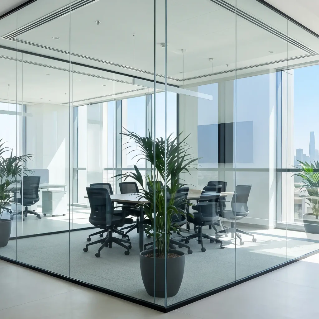 A modern, sunlit office interior in Dubai featuring a clear, frameless glass partition with the city skyline and Burj Khalifa in the background.