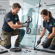 Professional technicians safely dismantling a frameless glass partition in a modern Dubai office using industrial suction cups and protective gear.