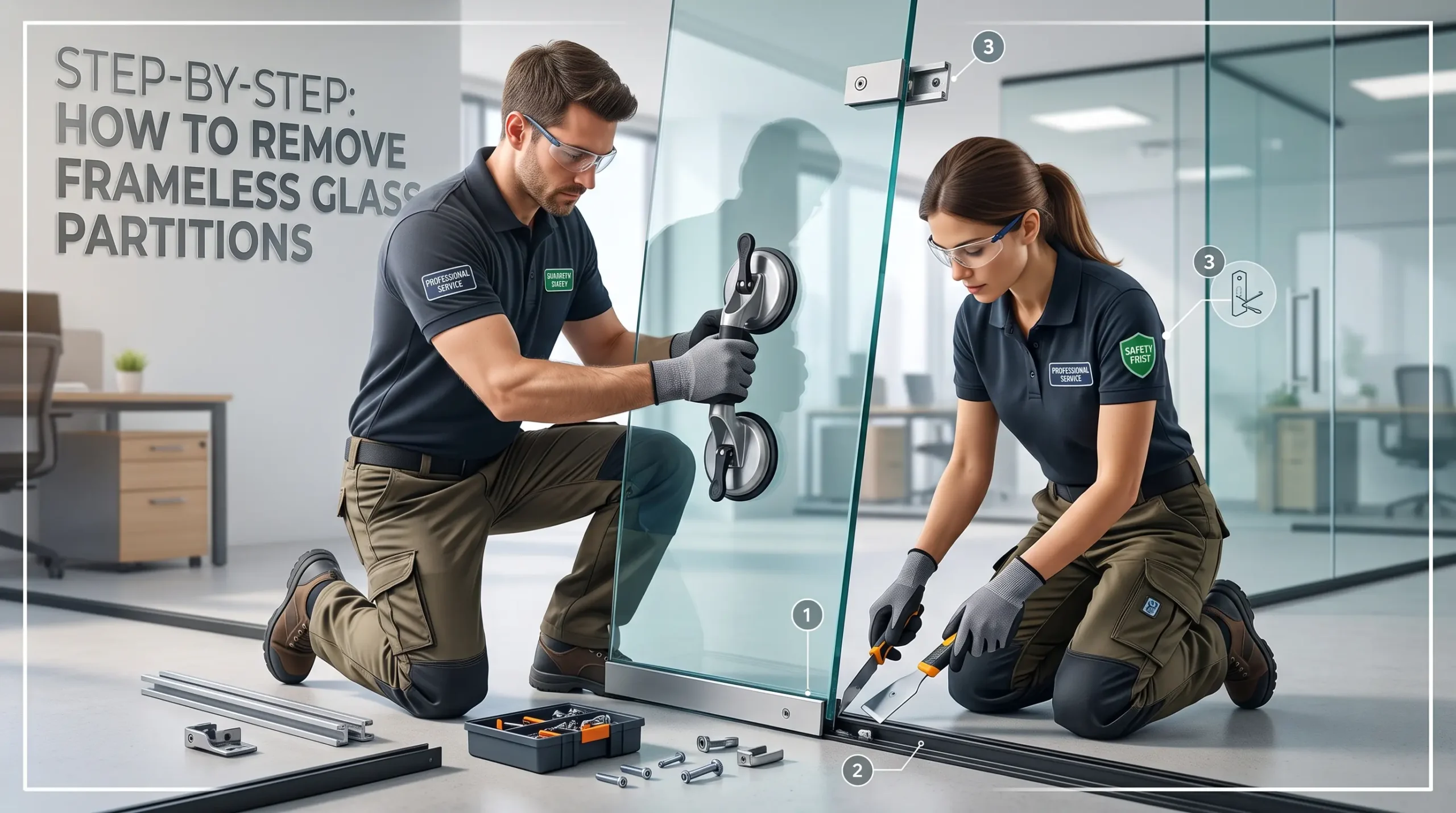 Professional technicians safely dismantling a frameless glass partition in a modern Dubai office using industrial suction cups and protective gear.