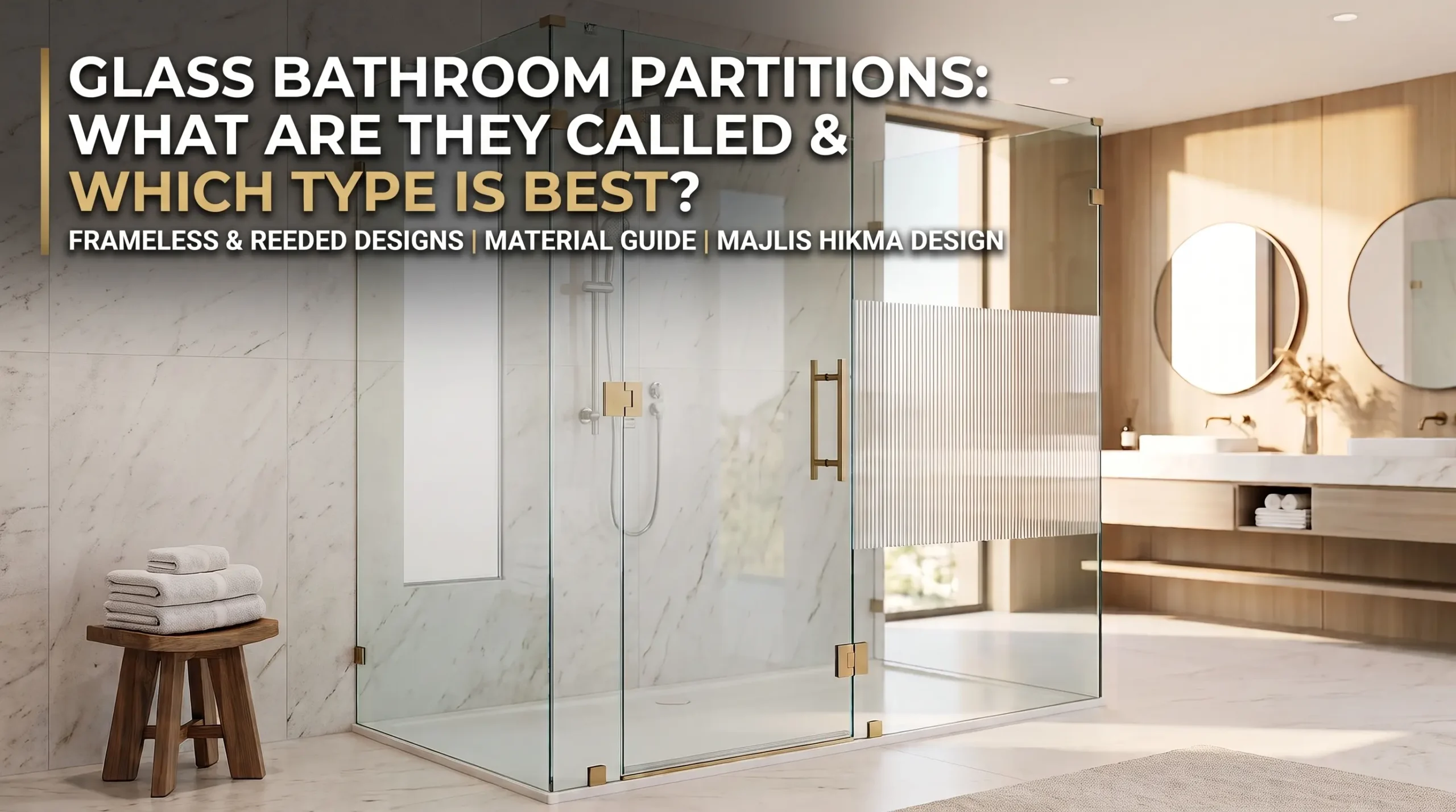 A modern luxury bathroom featuring custom frameless shower glass enclosures with reeded glass details and gold hardware, installed by Majlis Hikma in Dubai.
