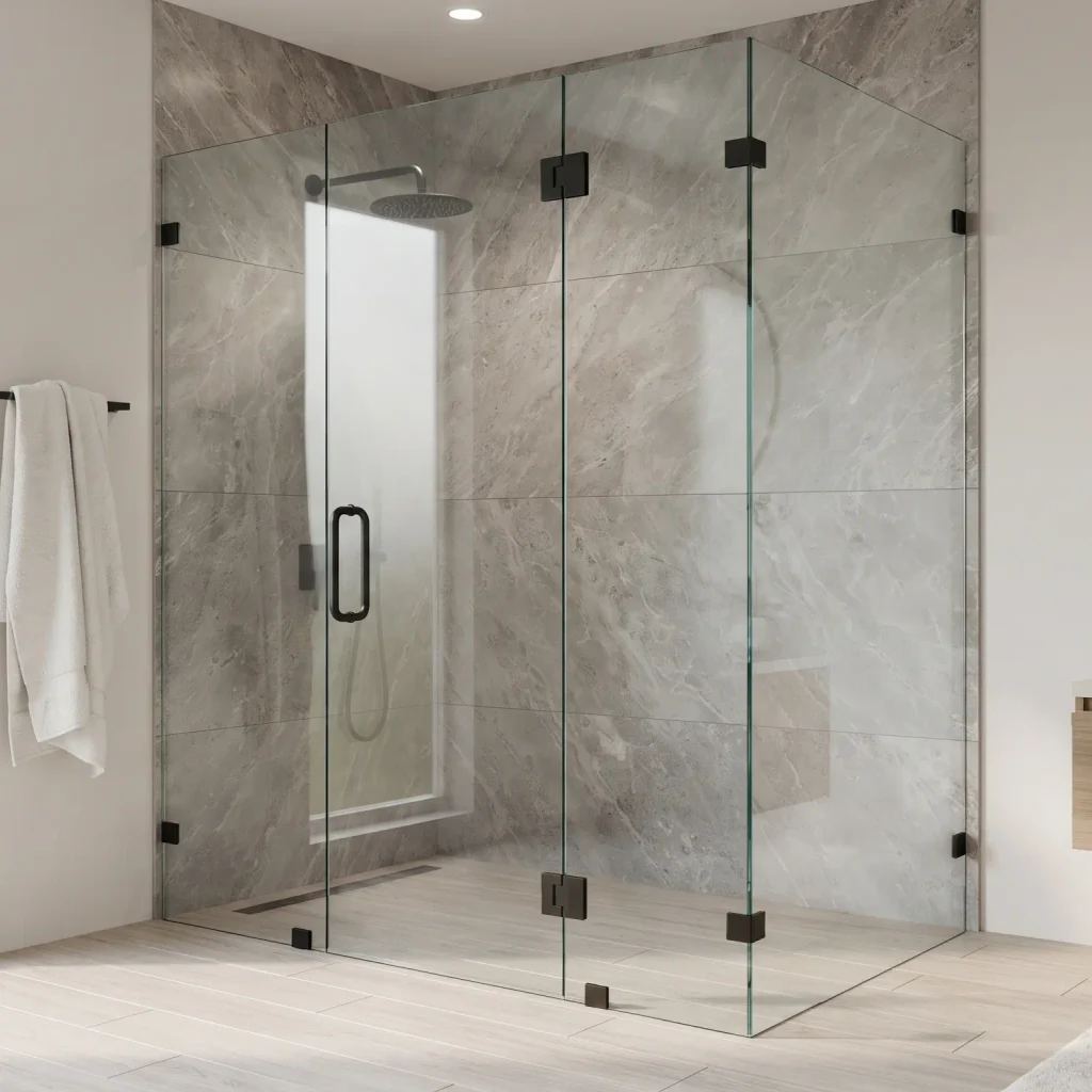 Modern frameless shower glass partition and enclosure installed in a luxury Dubai bathroom by Majlis Hikma Aluminium & Glass LLC