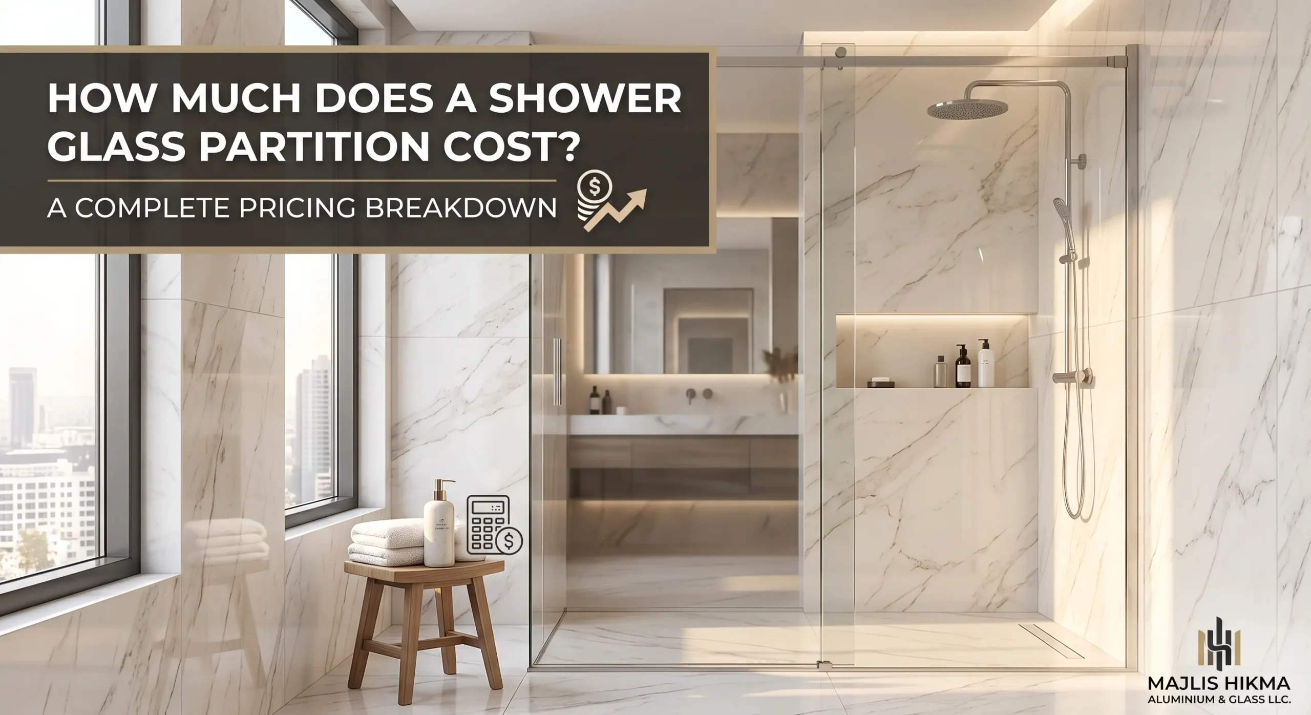 Modern frameless shower glass partition and sliding door cost breakdown by MAJLIS HIKMA ALUMINIUM & GLASS LLC in Dubai.