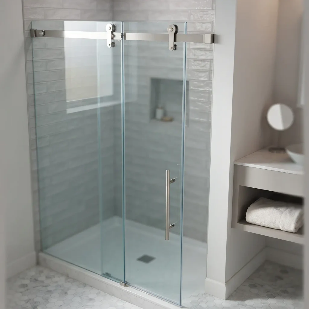 Space-saving sliding shower glass door partition with stainless steel overhead track installed in a modern compact bathroom
